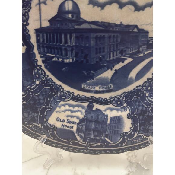 Vintage cobalt Souvenir Boston MA State House olde blue plate co Flowe Scalloped - Picture 7 of 11